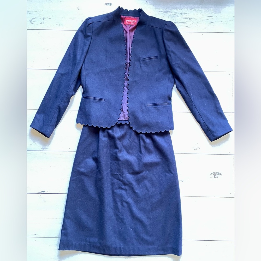 Sasson Scalloped Edge Women’s Blue 2 Piece Wool Blend Blazer & Skirt Set 10/11
